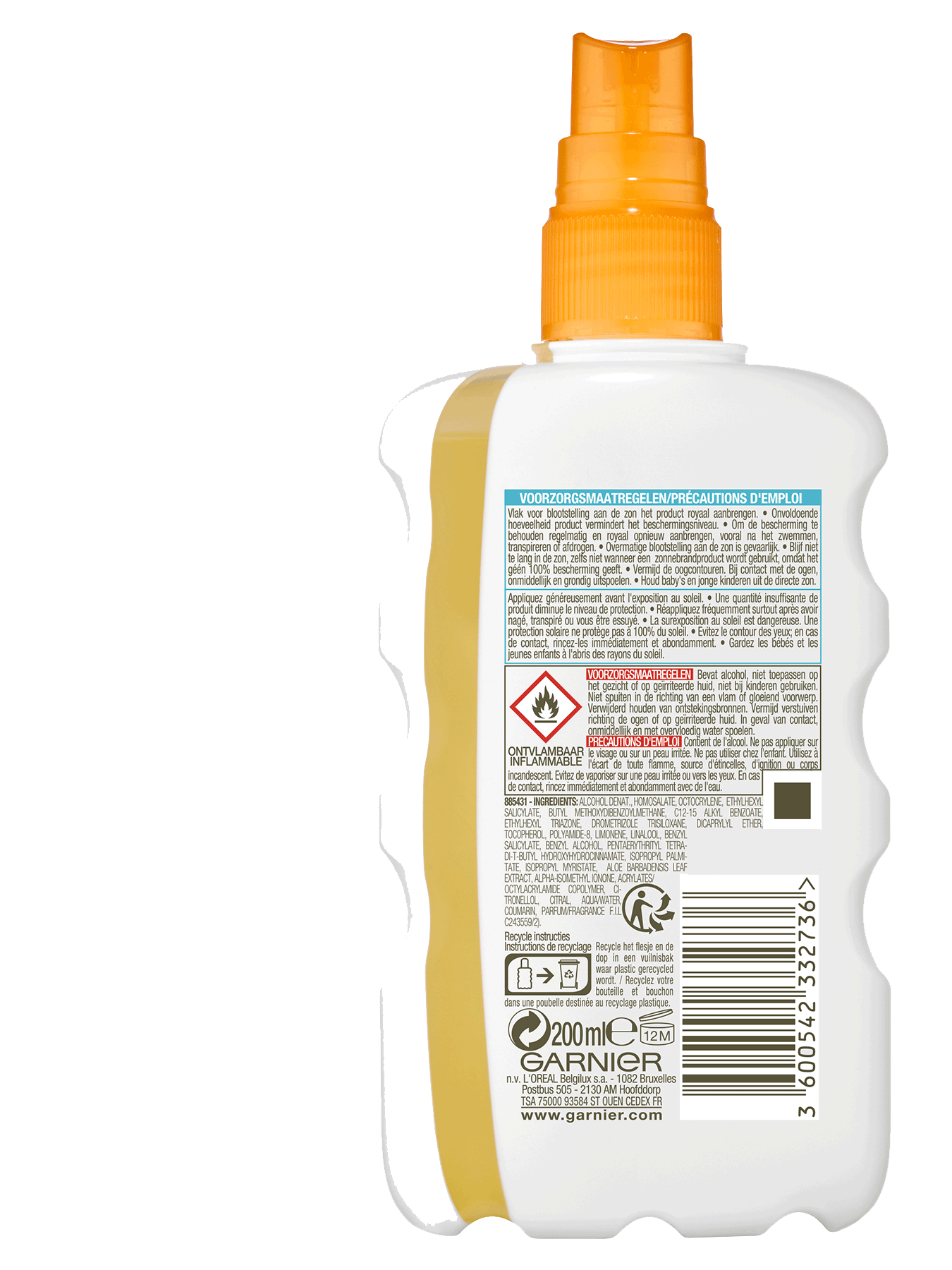Achterkant verpakking Clear Protect Transparante spray SPF 30